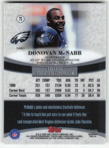 1999 Topps Gold Label #75 Donovan McNabb FOOTBALL Philadelphia Eagles - Picture 2 of 2