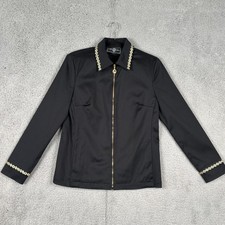 St. John Sport Marie Gray Black Zip Jacket Gold Embroidered Collar Cuffs Size S