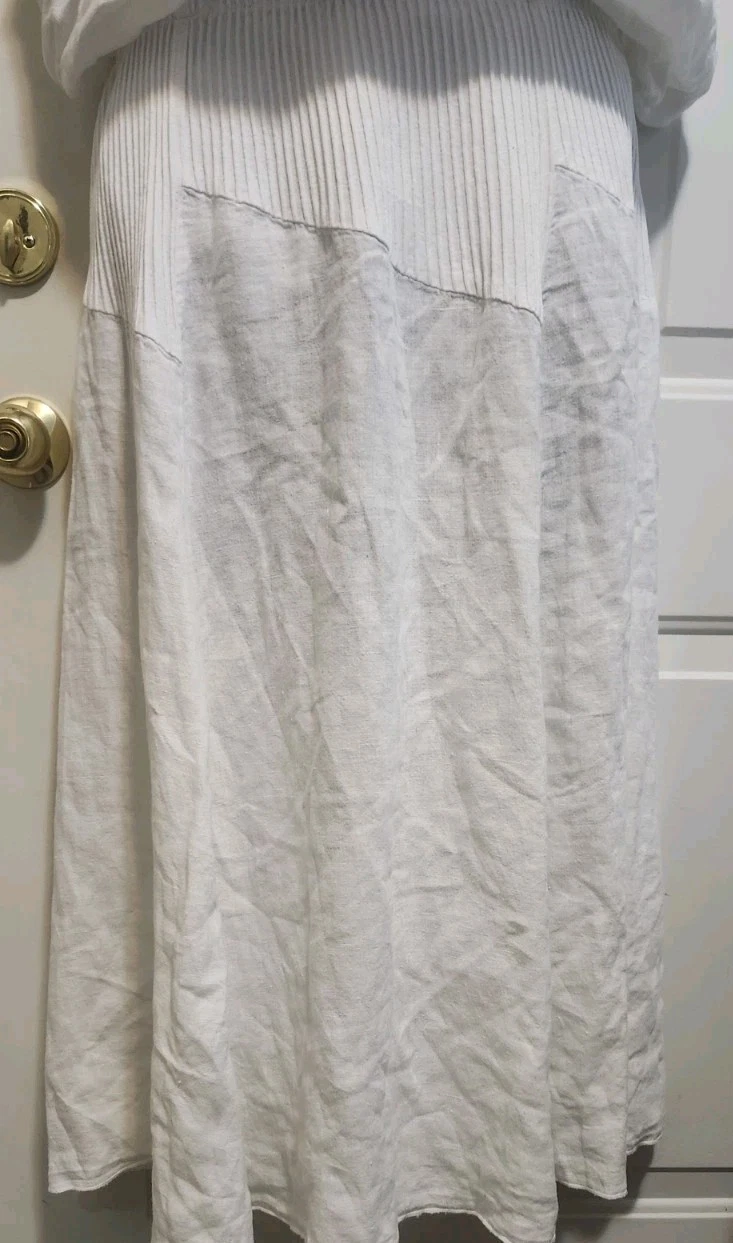 FENINI White Linen Skirt XL Micro Pleat Lagenlook Adjustable Length USA