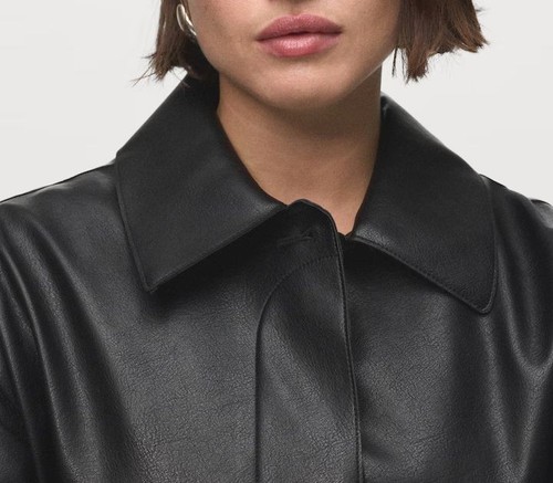 Damen schwarze Schafnappalederjacke Reverskragen Knopfleiste Taschen Mantel - Bild 4 von 8