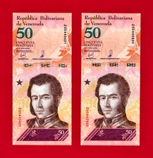 PAIR of Two x 50 Bolivares 2018 Venezuela Replacement Z STAR UNC Notes (P-105br)