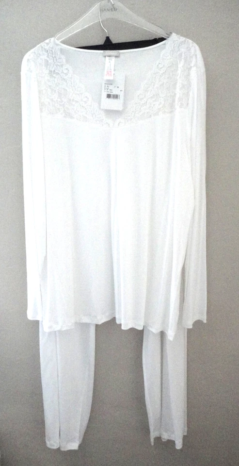 Pijama tejido de algodón Hanro MOMENTS - Juego de salón XL blanco ribete de encaje BONITO NUEVO CON ETIQUETAS Foto 3 de 4