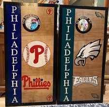 Custom Stained Philadelphia Phillies and Eagles Cornhole/free bags