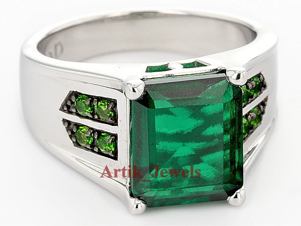 Labor Erstellt Smaragd & Tsavorit Mit 14K Weiß Vergoldet Silber Herren Ring #85 - Bild 2 von 4