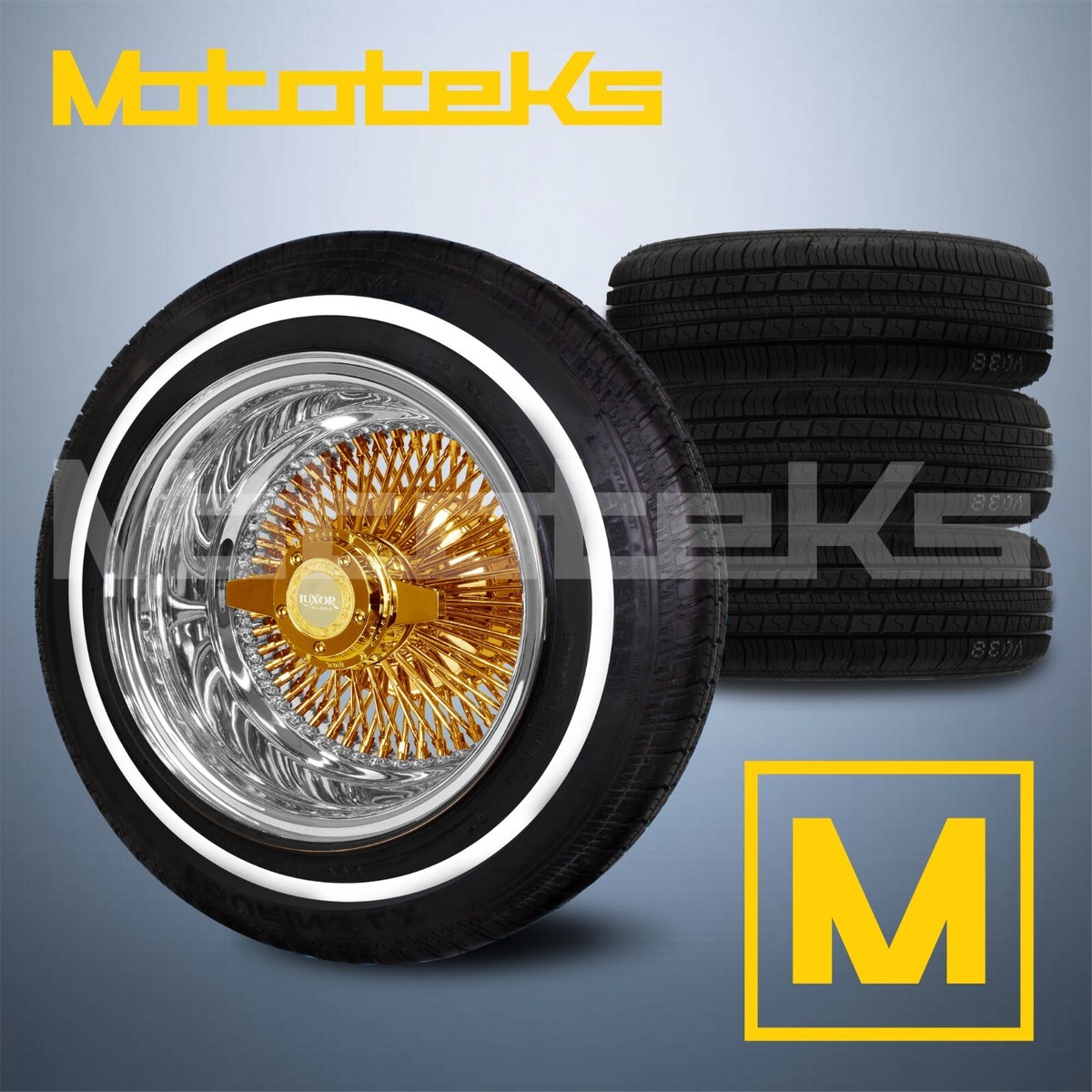 14X6 LUXOR WIRE WHEELS 100 STRAIGHT REV RIMS CENTER GOLD WITH TIRE