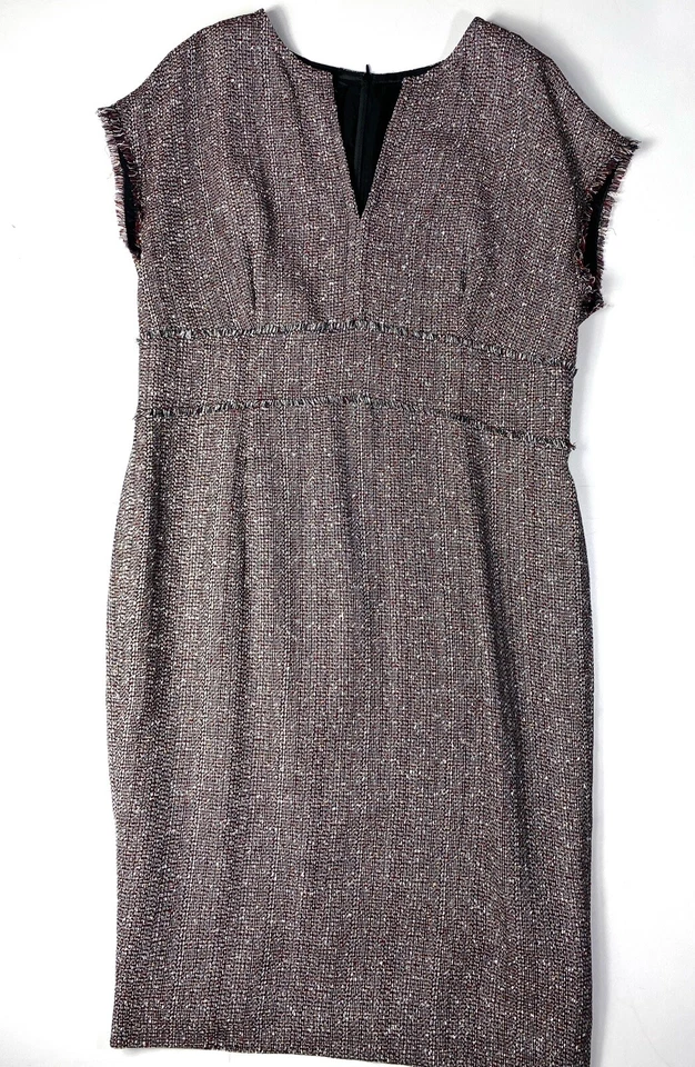 Vestido Vaina Escada Negro Tweed Cuello en V Sin Mangas Flecos Talla 44 Foto 3 de 4