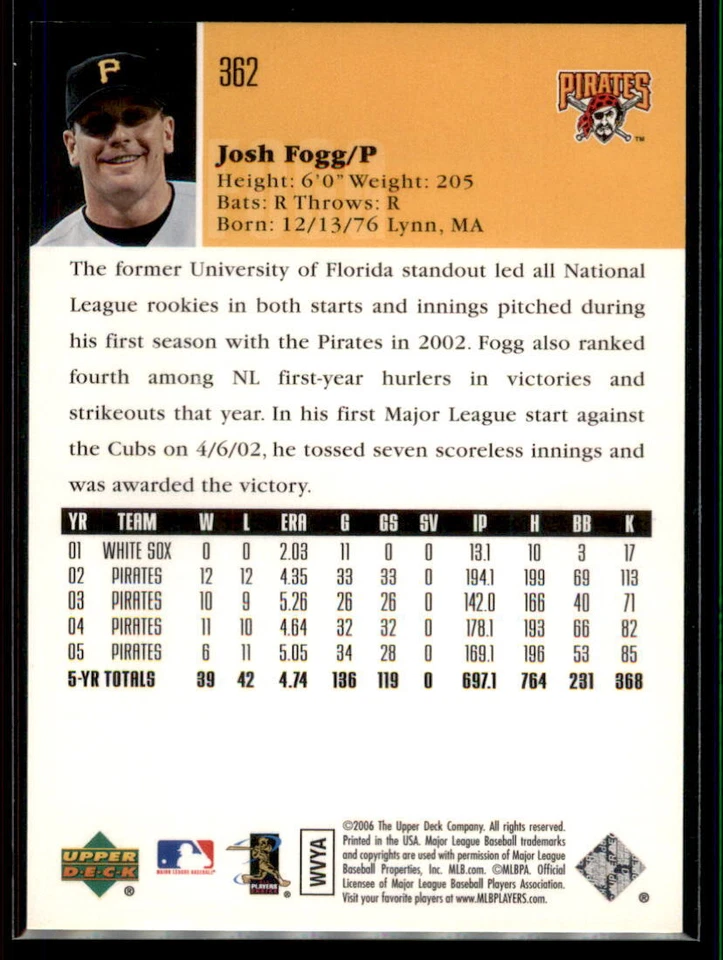 2006 Upper Deck Josh Fogg #362 Pittsburgh Pirates - Image 2 of 2