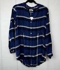 NWT Holding Horses Anthropologie Blue Plaid Half Button Raw Hem Tunic Top 2