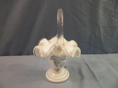 Fenton Hand Painted Milk Glass Silver Crest Basket  - Morning Mist Blue Flowers
