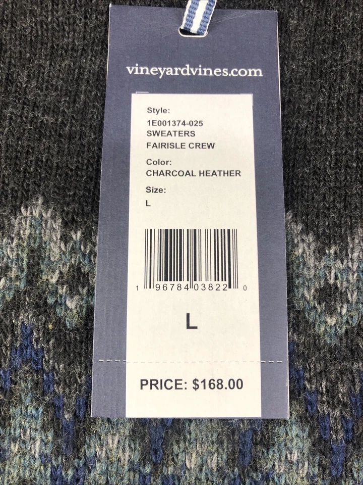 New Vineyard Vines Mens Fairisle Sweater Large Charcoal Gray Wool Crewneck NWT - Image 4 of 4