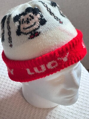 Peanuts Lucy Comic Knit Beanie Hat Red White Acrylic Winter Ski Accessory Vtg Toddler / Big Kids Winter Snow Hats, Ski Hat Peanuts and  main image 4