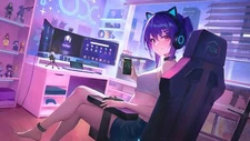 Anime girls sitting gaming chair computer phone Playmat Gaming Mat Desk