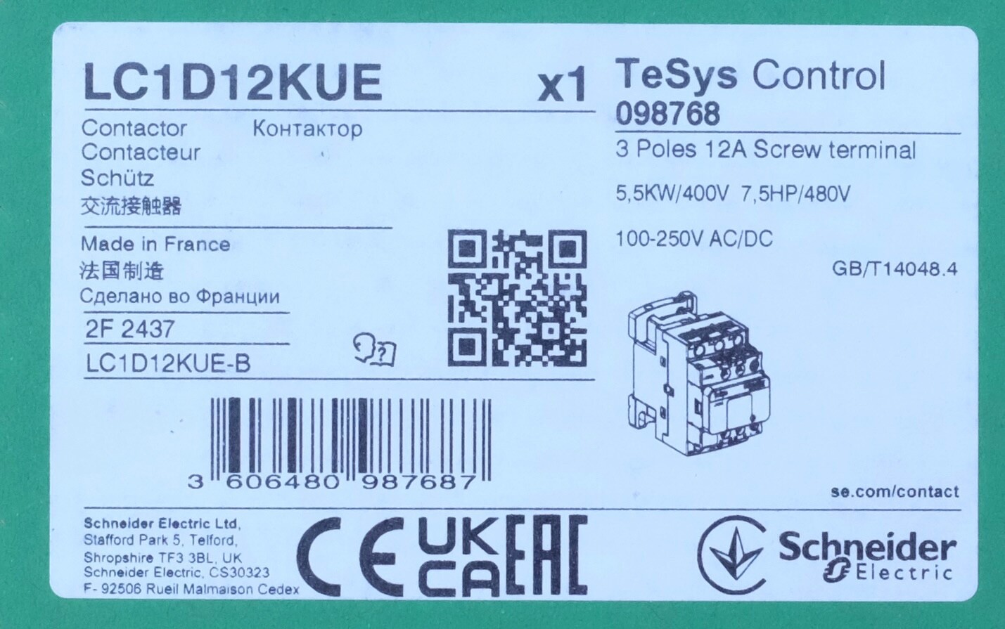 Contacteur TeSys LC1D12KUE pour l'automatisation des pompes de relevage et moteurs 12A
