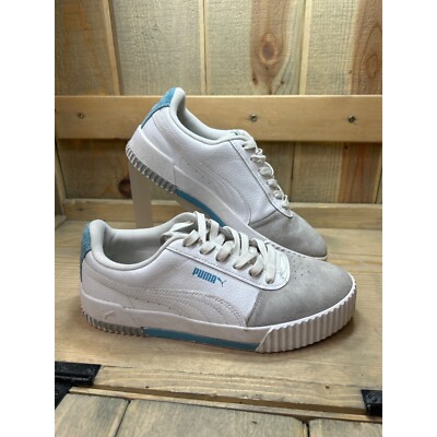 Puma Carina Sneakers Womens 9 White Grey Suede Blue Platform Court Shoes 371925