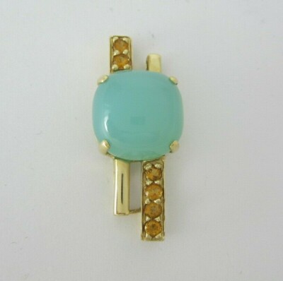 BEAUTIFUL 14K YG HENG NGAI ART DECO GREEN CHALCEDONY & ORANGE STONE PENDANT 4.7G