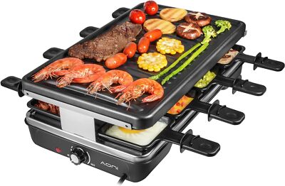 Raclette Grill For 8 People - 2-in-1 Electric Table Grill With Natural Stone & Non-Stick Plates