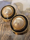 Pearl Button Clip-On Designer Signed Earrings Vtg 1980's Givenchy X-Lg Enamel &