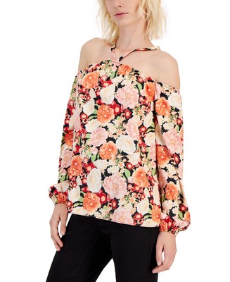 INC Women's Long-Sleeve Off-The-Shoulder Halter Top, Multi Floral Garden, XL