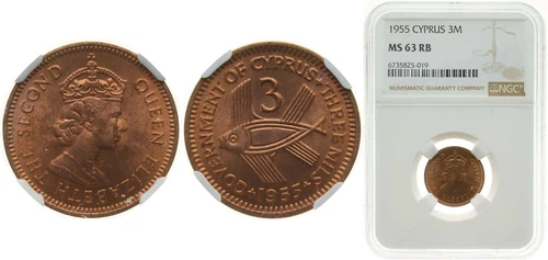 Cyprus 1955 3 Mils Bronze NGC MS 63 RB