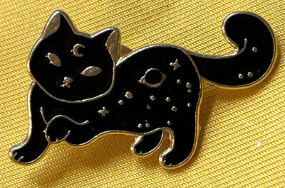 NWOT Black Cat Brooch Lapel Pin Enamel Gold Toned Celestial Moon Stars
