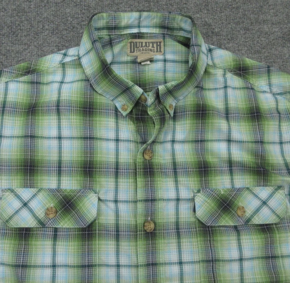 Duluth Trading Shirt Mens XL Green Blue Plaid Button Front Long Sleeve Outdoor - Image 2 of 4
