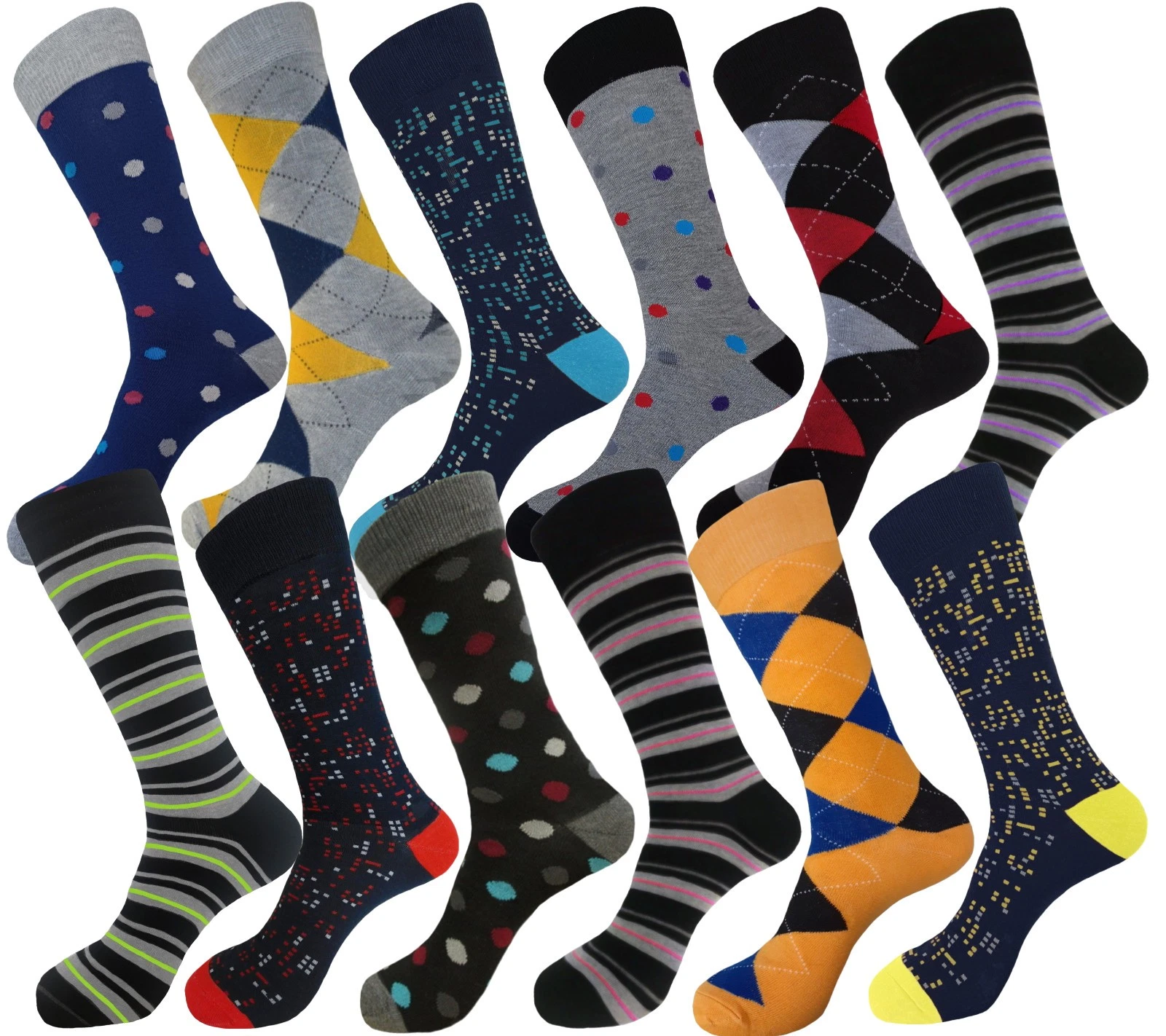 12 PAIR MULTI PATTERN COTTON MULTICOLOR FIRST QUALITY MEN'S DRESS SOCKS 10-13