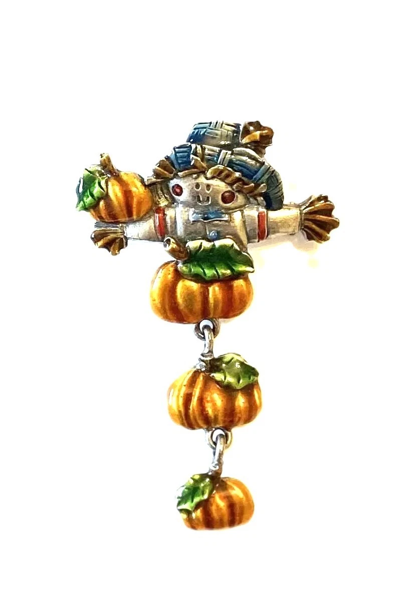 AJMC SIGNED THANKSGIVING Brooch! Enameled Happy Scarecrow with Pumpkin Danglers!