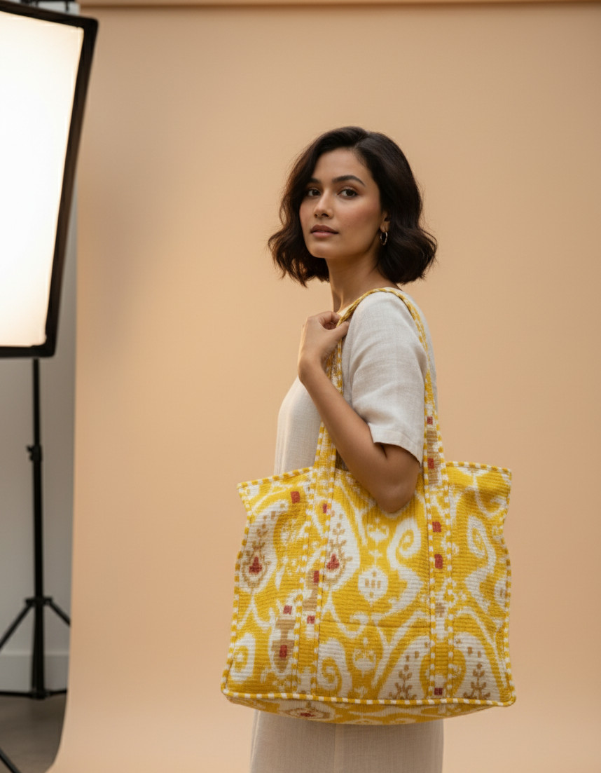 Cotton Quilted Tote Bag for Women Floral Block Print Large Reusable Bag (Yellow)