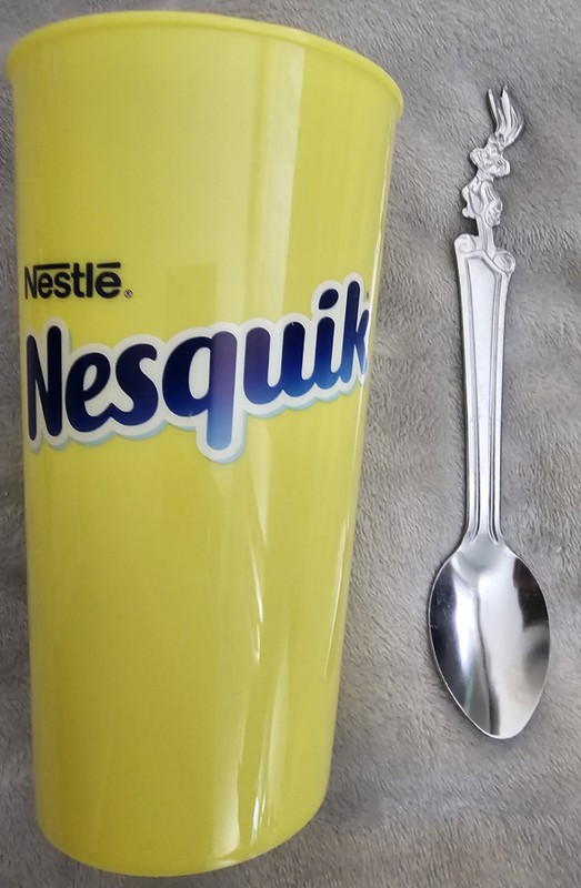 VTG 4 PC Set (3) Quicky The Nesquik Bunny Promo Yellow 16oz Cups + Bunny Spoon