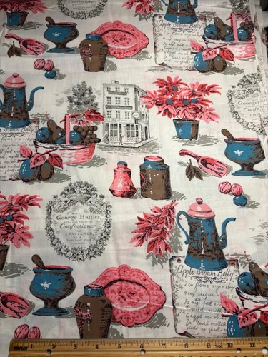 Vintage Cotton Fabric 1950s Pink Turquoise Kitchen Novelty 35w 1yd