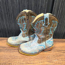 Roper Toddler Girls Glitter Western Cowboy Boots Brown Blue Side Zip Size 7