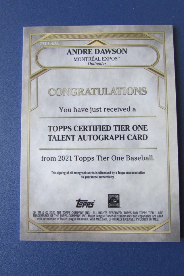 ANDRE DAWSON SIGNED 2021 TOPPS TIER ONE TALENT AUTOGRAPH # T1TA-ADA / 200 - Image 2 of 2