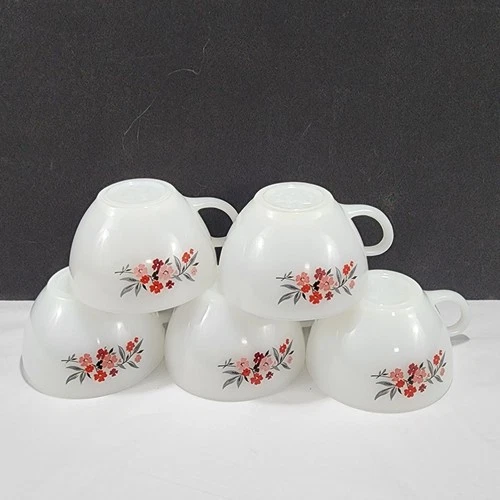 5 Vintage Fire King Pink Primrose Coffee Tea Cups Pink Flower Anchor Hocking