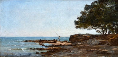 VIGUIER Fortuné (1841-1916) "Pêcheur sur les rochers à Carqueiranne" Provence - Photo 1/4