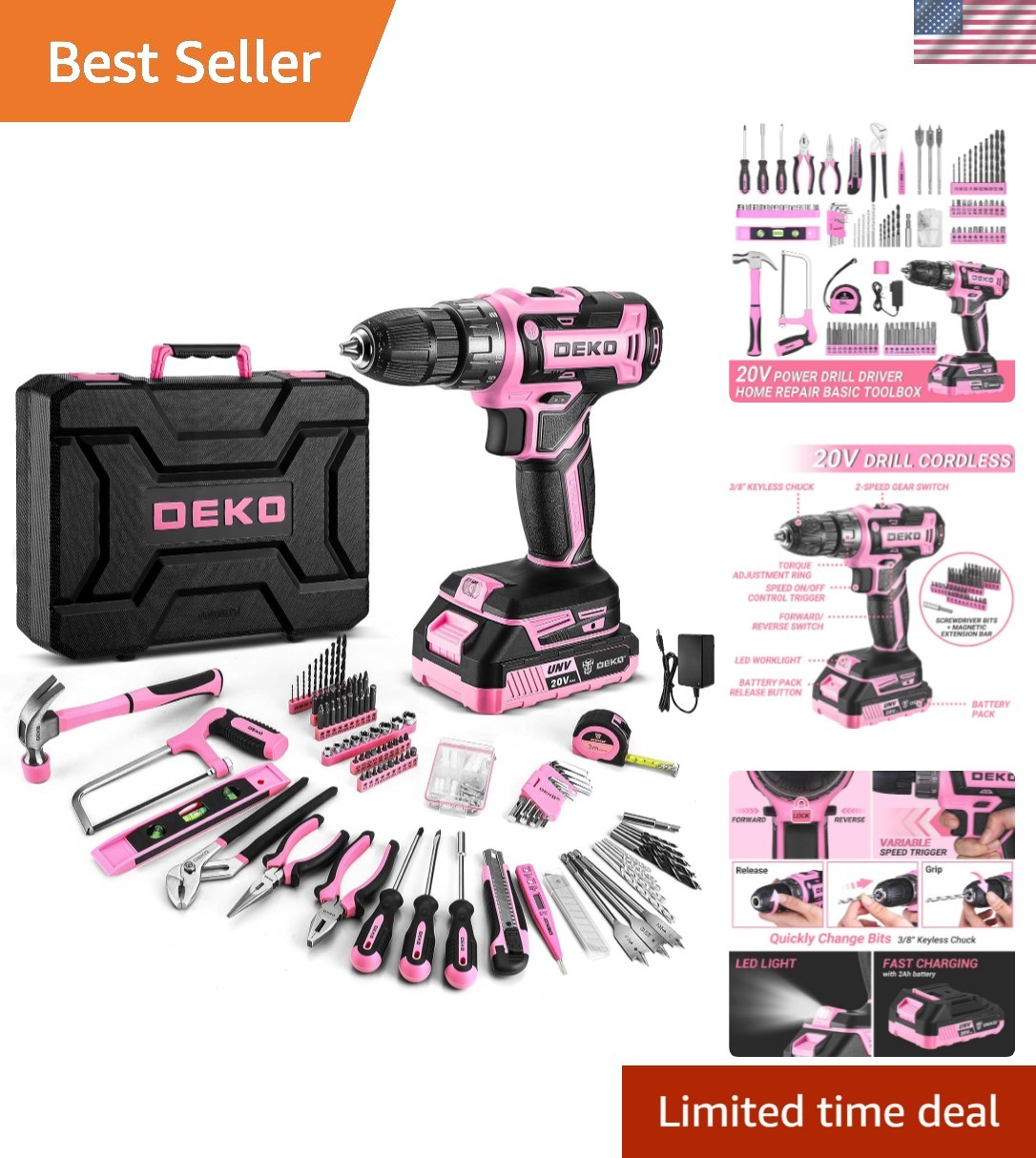 Pink Power Drill Tool Kit Set: 20V Cordless Electric Drill, Driver, Tool Box ...