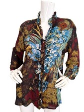 Citron Santa Monica Silk Watercolor Floral Top XL Asian Mandarin Ruffle Blouse