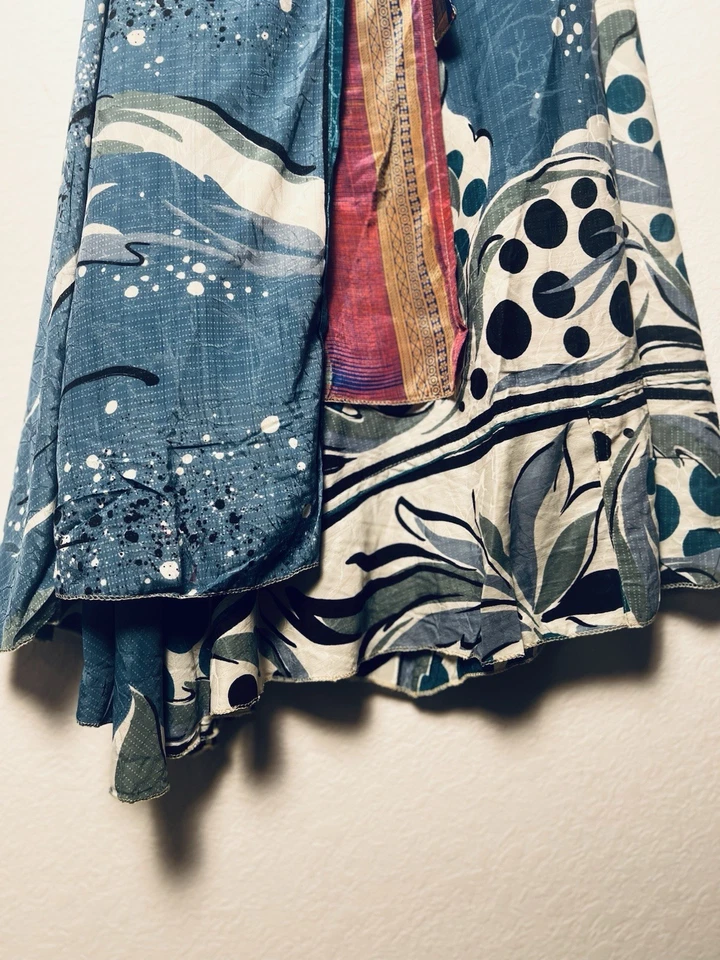 Recycled 100% Silk Long Maxi Wrap Skirt Free Size Blue Abstract Print Gypsy Boho - Image 4 of 4