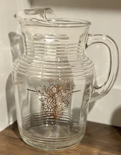MCM VTG Gilt Gold Rose Clear Glass Ribbed Pitcher w/ Ice Lip for Iced Tea
