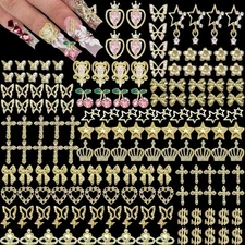 KACHIMOO 160pcs Gold Nail Charms 3D Butterfly Cherry Heart Cross Medium, gold 