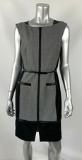 Halogen Dress 8P Sheath Work Wear Black Houndstooth Zip Front Boat Neck Belted