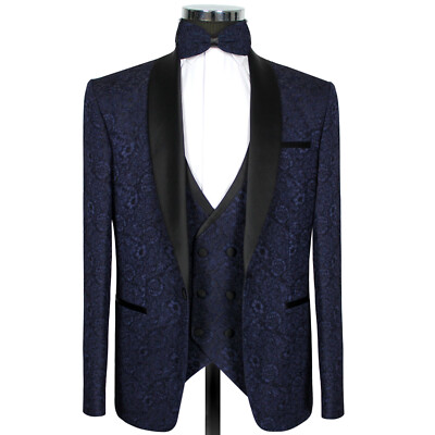 Slim Fit Tuxedo Jacket with Waistcoat in Blue Pattern Suit Wedding Men's Suit