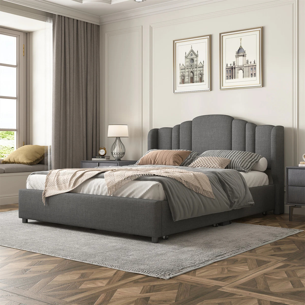 Queen Size Bed Frame Upholstered Platform Bed with Wingback