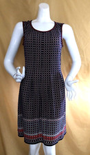 Max Studio ladies navy blue white fit flare dress stretch keyhole top L $98