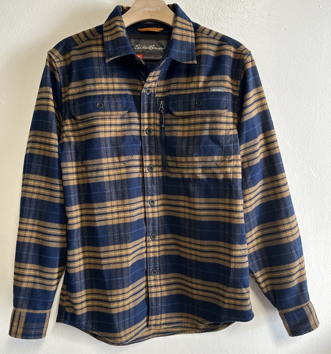 Eddie Bauer Mountain Ops Fannel Shirt Medium Blue Brown Classic Fit pockets