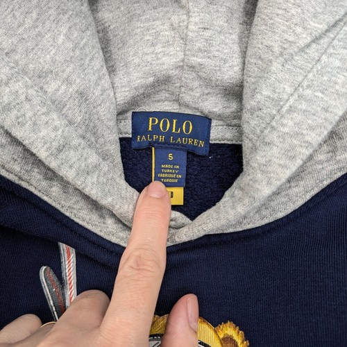 Polo Ralph Lauren Hoodie Bear Print Kids Size 5 Colorblock Navy Gray Red - Picture 3 of 8