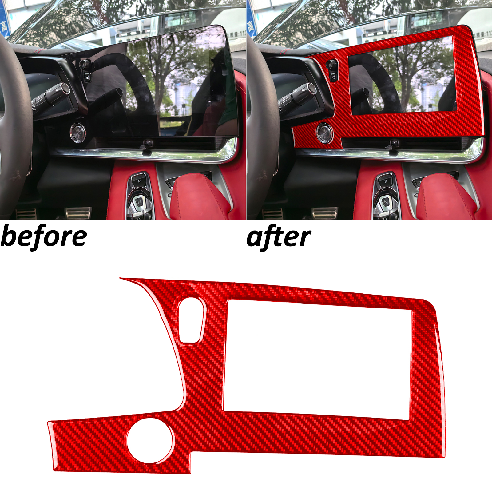 Red Carbon Fiber GPS Navigation Panel Cover Trim For Chevrolet Corvette C8 20-25