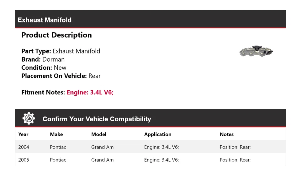Colector de escape trasero Dorman V6 3,4 L Pontiac Grand Am 2004-2005 Foto 2 de 4