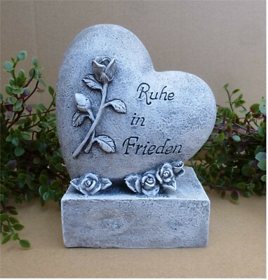 ^ Herz mit Rose auf Sockel / Grabschmuck *Ruhe in Frieden * grau-antik 12 x 16cm