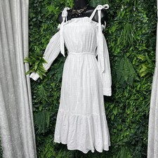 STEELE Dress Women Small White Midi Cottage Boho Cold Shoulder Ruffle   2472