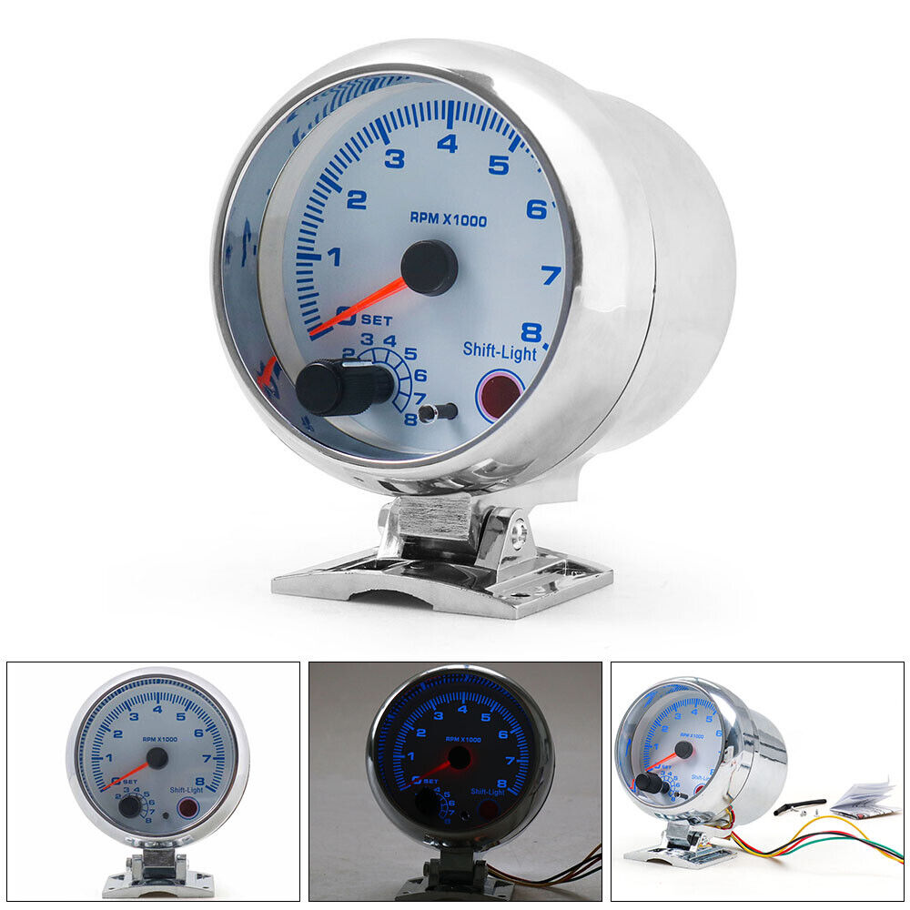 3.75'' Universal Car Tachometer Tacho Gauge Meter LED Shift Light 0-8000  RPM